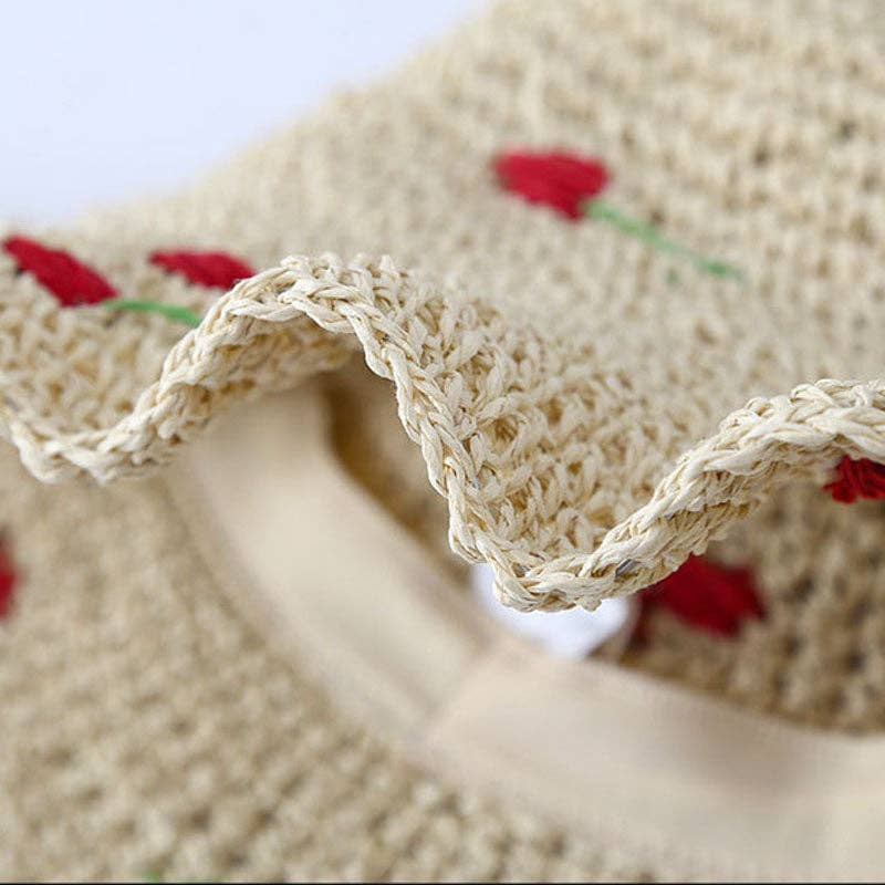 Cute Cherry Crochet Foldable Staw Buckt Hat 8BK6HAT28: Khaki