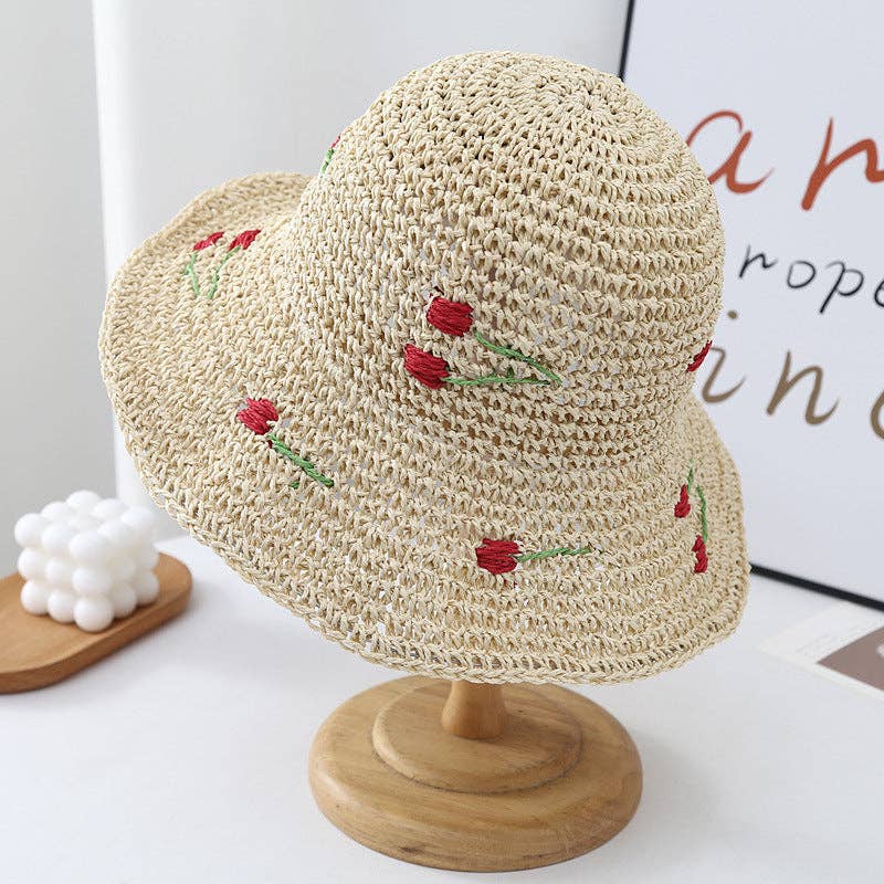 Cute Cherry Crochet Foldable Staw Buckt Hat 8BK6HAT28: Khaki