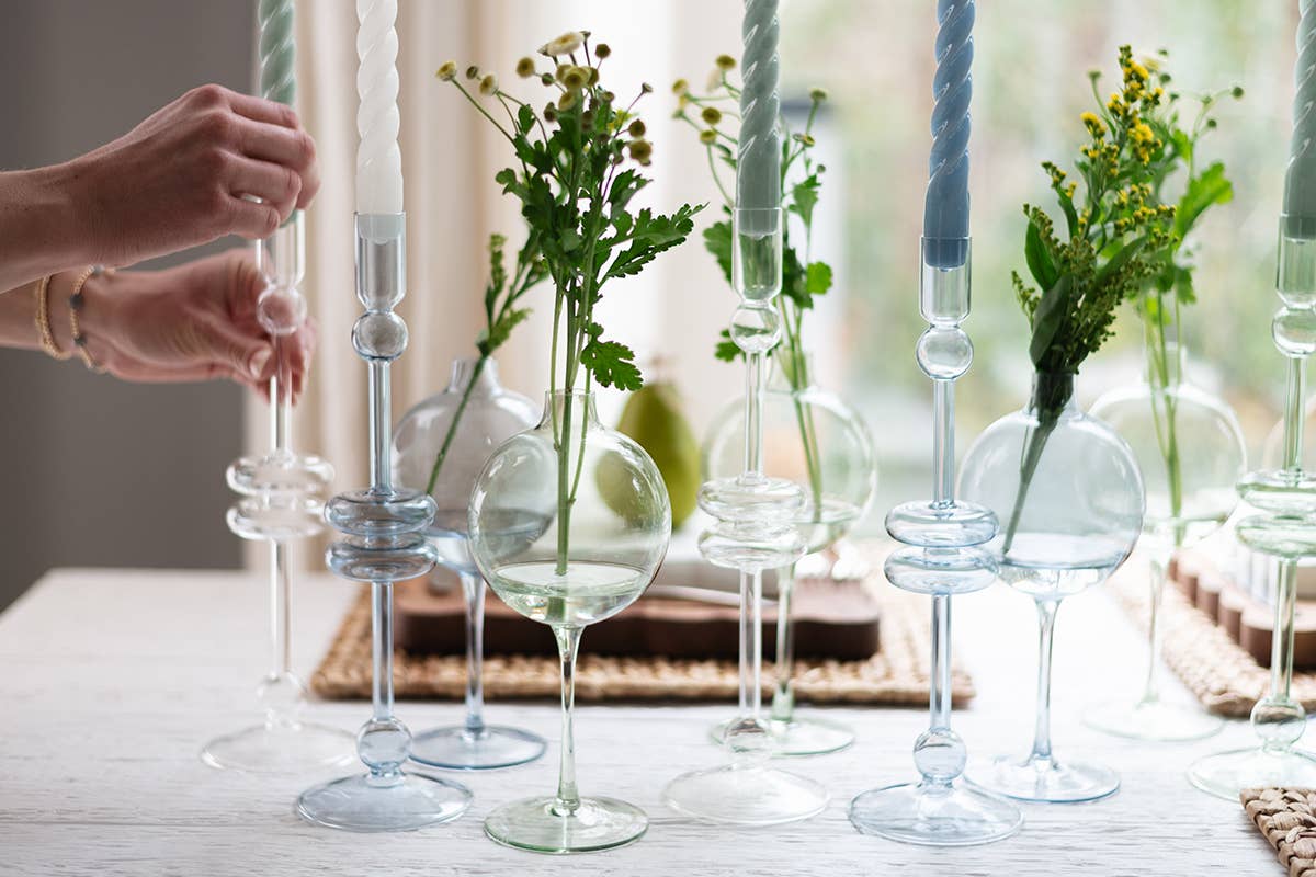 Glass Candlestick Pair, Medium, Clear