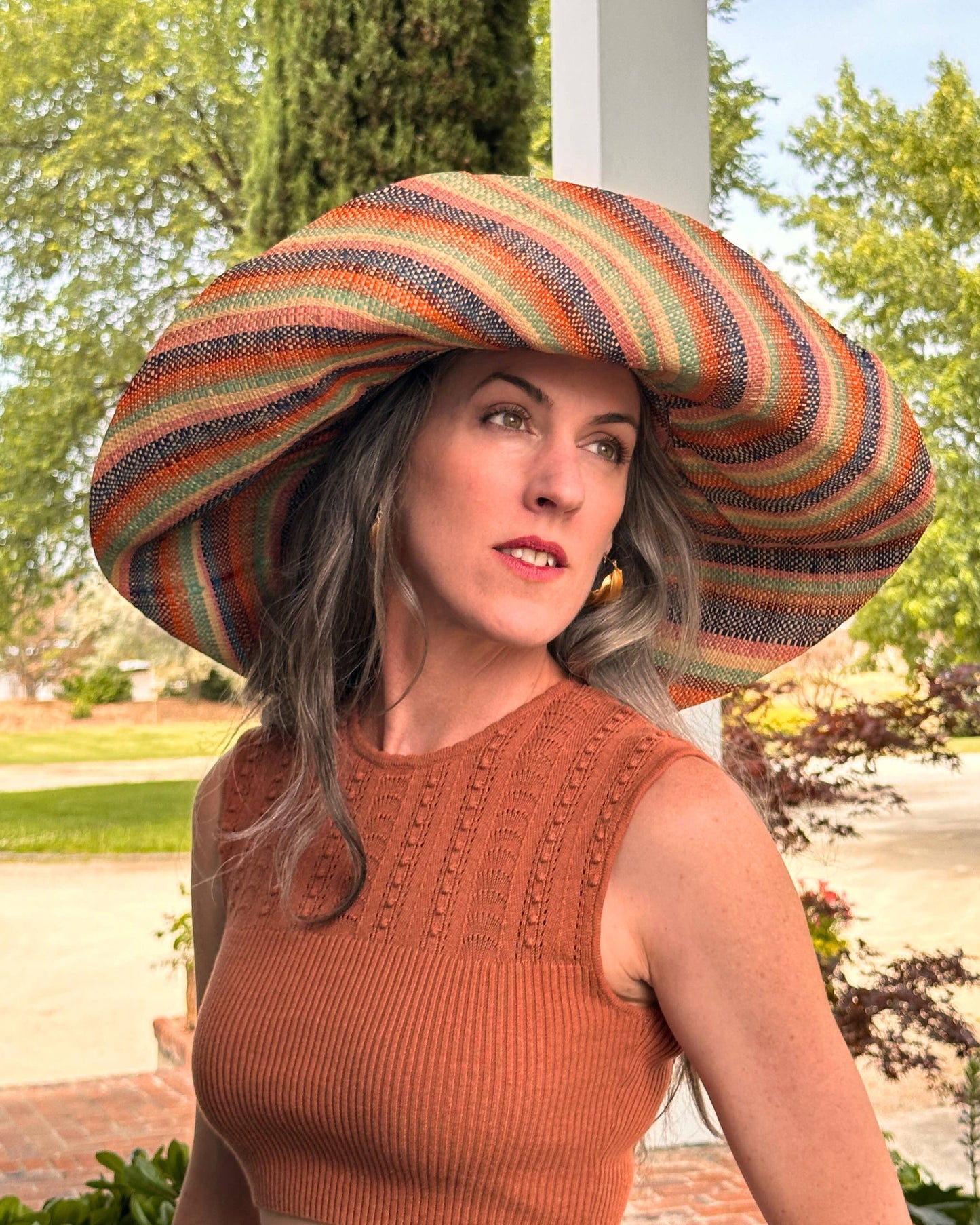 Monica 5" & 7" Wide Brim Stripe Packable Straw Sun Hats: Lemonade Swirl / 7 Inch