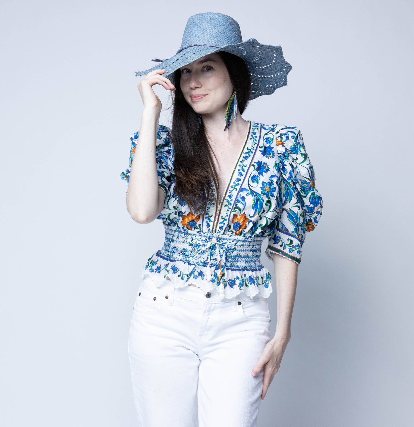 Sara 4.5" Brim Woven Raffia Straw Sun Hats with Zigzag Edge: Denim