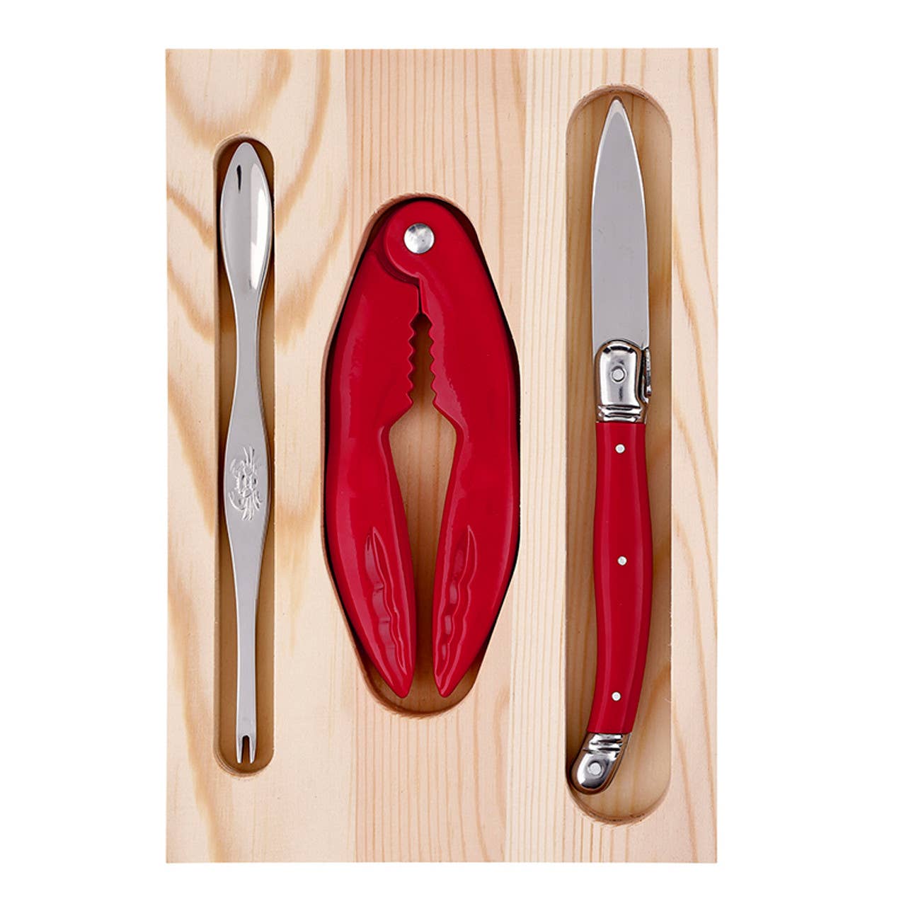 Seafood Tools in Wood Tray - Set of 6: Stainless Steel, Zinc Alloy, Plastic, Pine Wood / 5.75" W x 8.25" H x .5" D