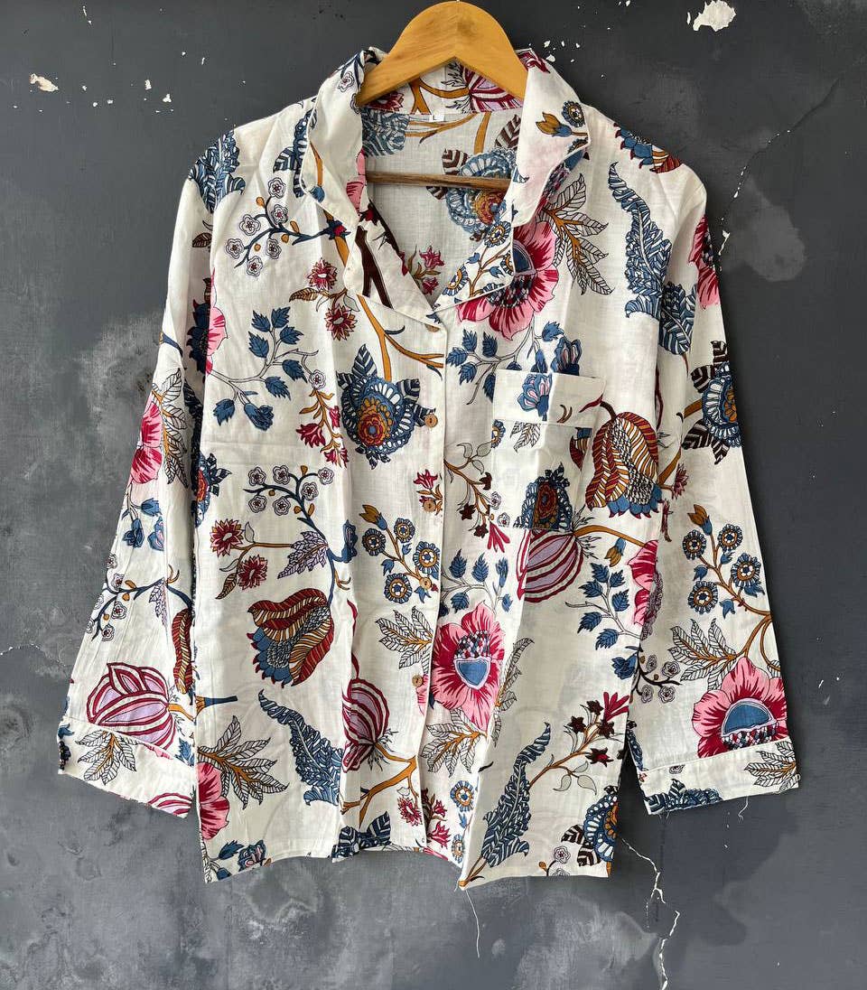 White Hand Block Print Women Dress Nightwear Suit Cotton Set: M