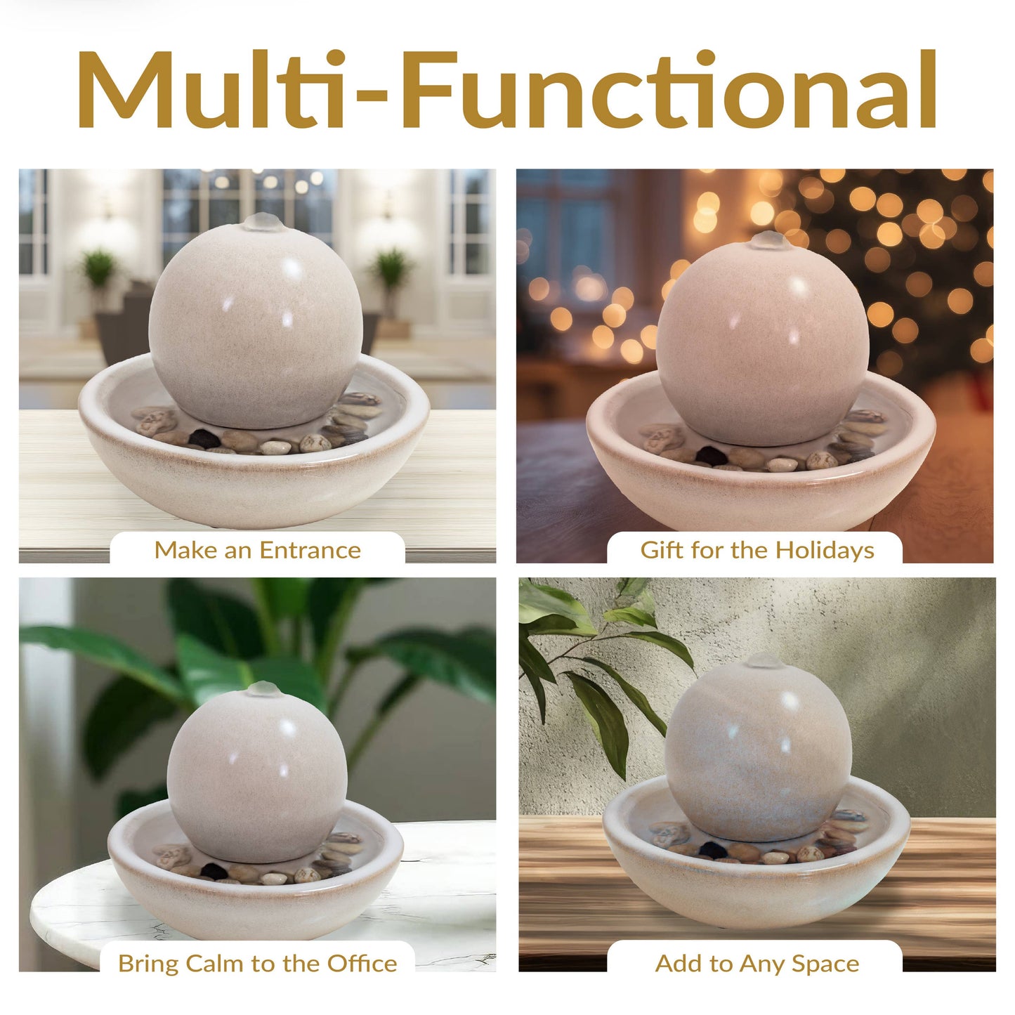Ceramic Indoor Tabletop Water Fountain with Orb - White