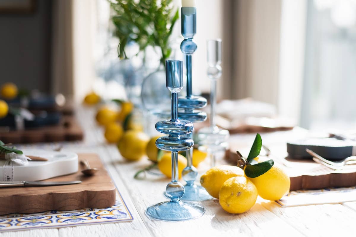 Glass Candlestick Pair, Small, Sapphire Blue