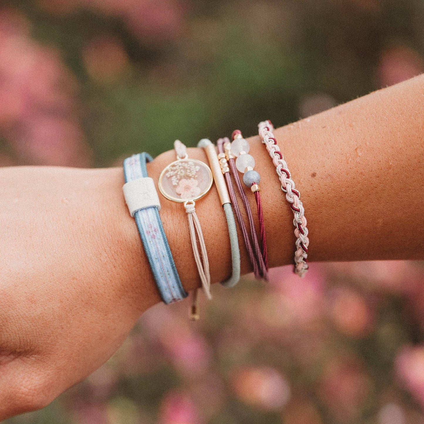 "Bloom" Maroon and Pink with Pressed Flowers Hair Tie Bracelets: Medium