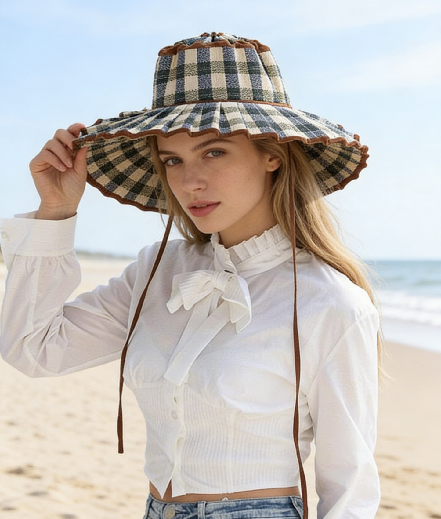 Ruffle Check Straw Hat Plaid Straw Sun Hat: TGrass / M