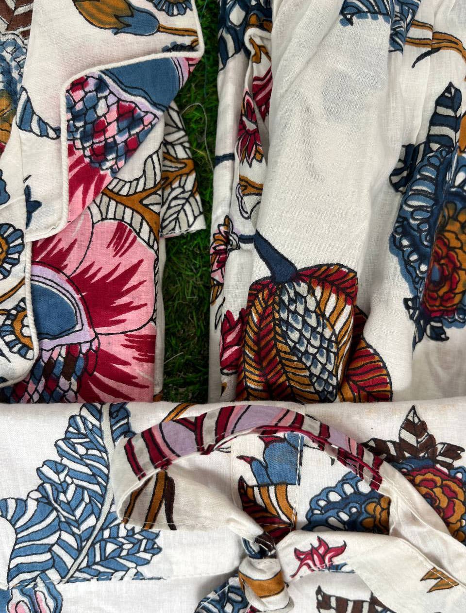 White Hand Block Print Women Dress Nightwear Suit Cotton Set: S