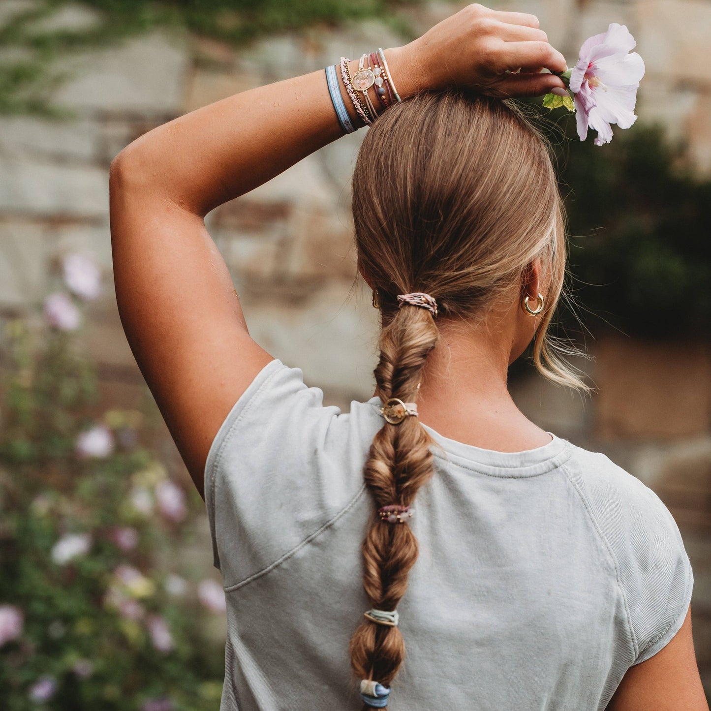 "Bloom" Maroon and Pink with Pressed Flowers Hair Tie Bracelets: Medium