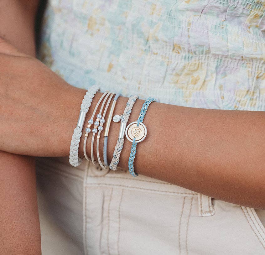 "Wonder" Soft Creams and Blues with Pearls and Gold Hair Tie Bracelets: Medium