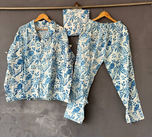White Cotton Handmade Block Printed Pajama Set Long PJ Sets: S