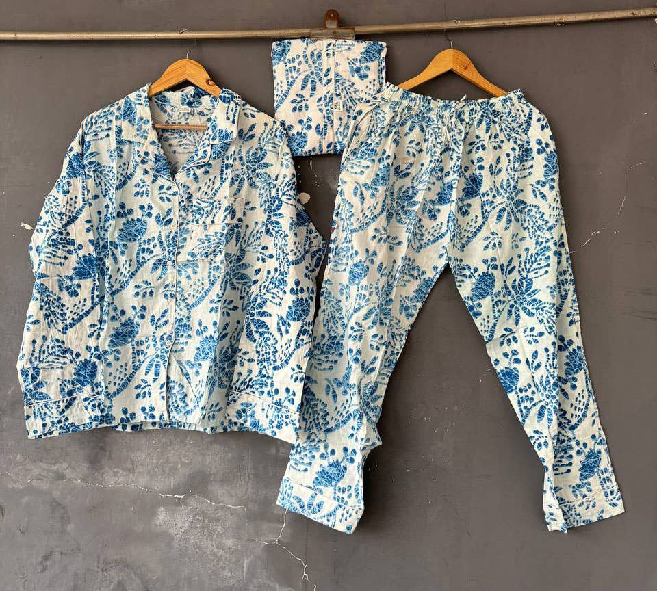 White Cotton Handmade Block Printed Pajama Set Long PJ Sets: M