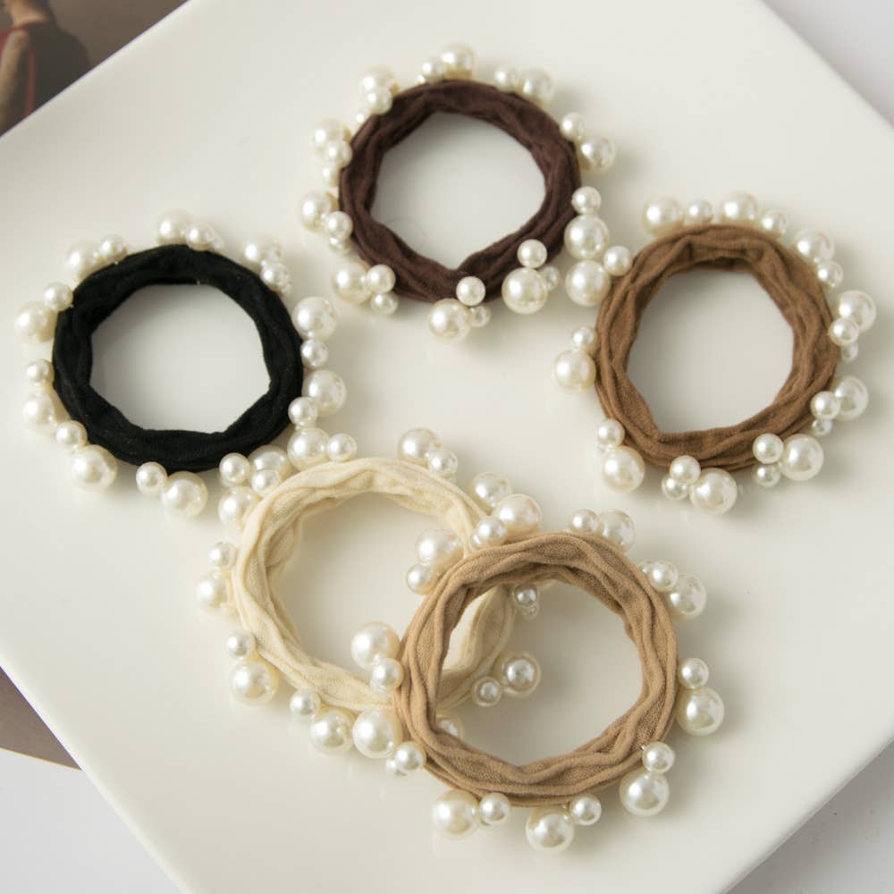 Neutral Textured Seamless Pearl Hair Ties (Set of 5)