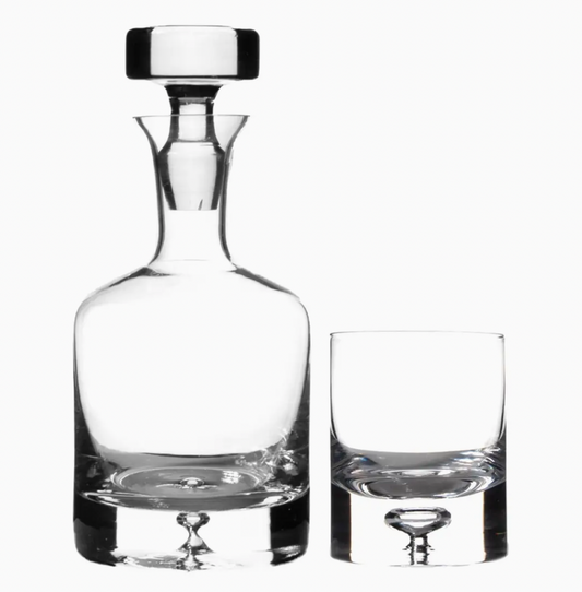Blown Glass Hatch Decanter and 2 Glasses