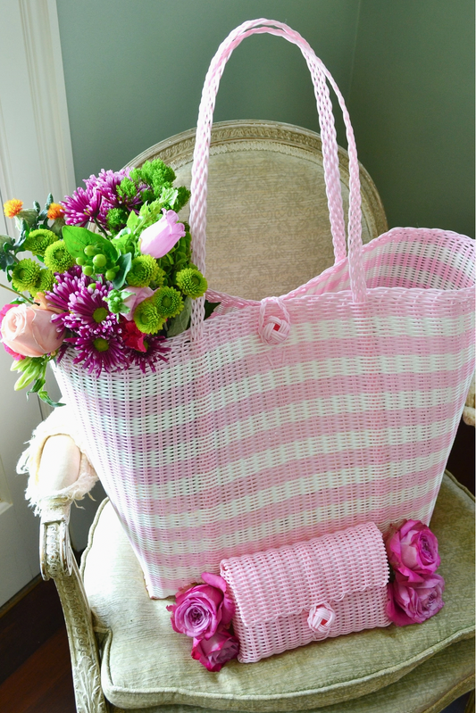 Large Pink and White Striped Tote