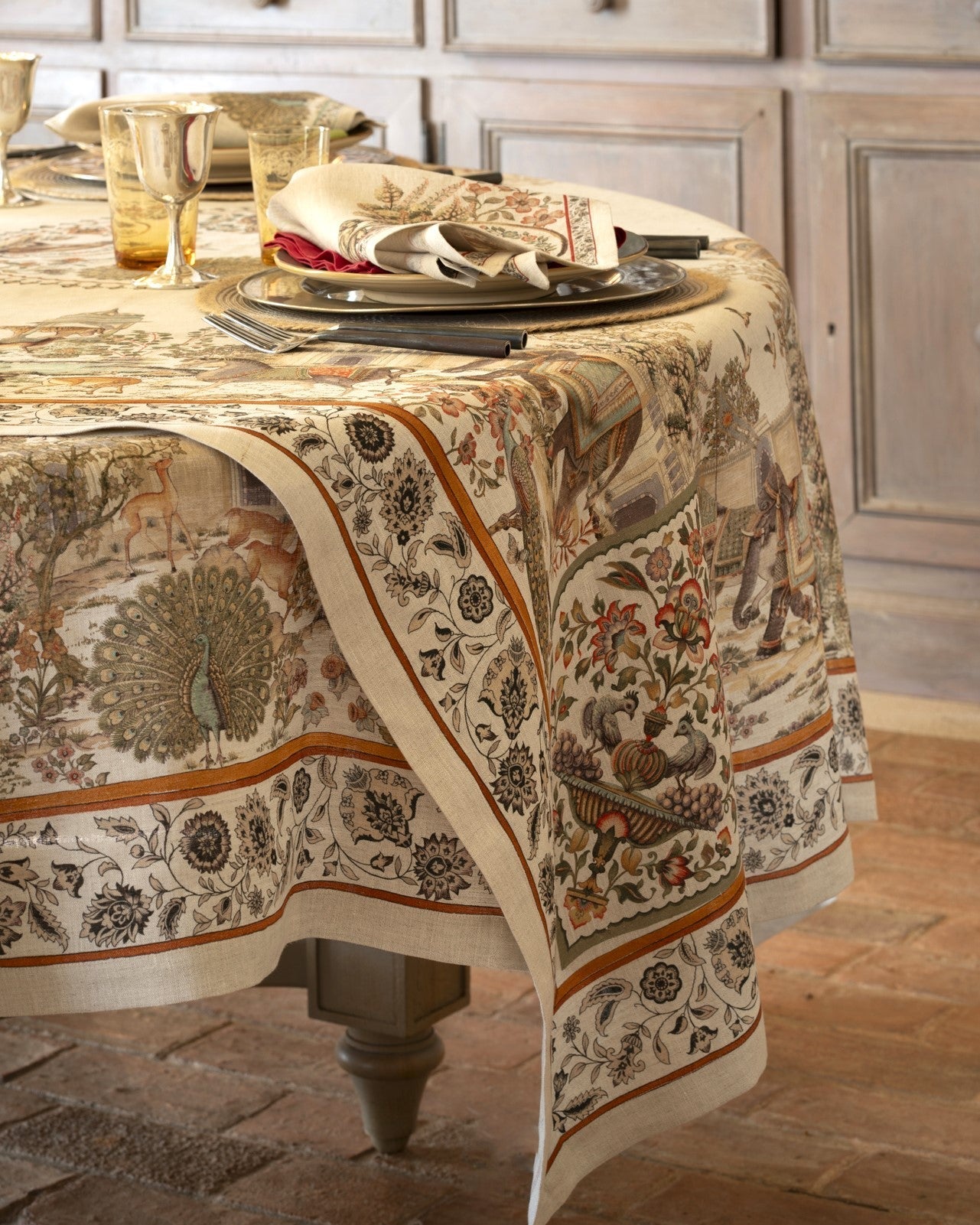 Mudra linen tablecloth styled on a dining table
