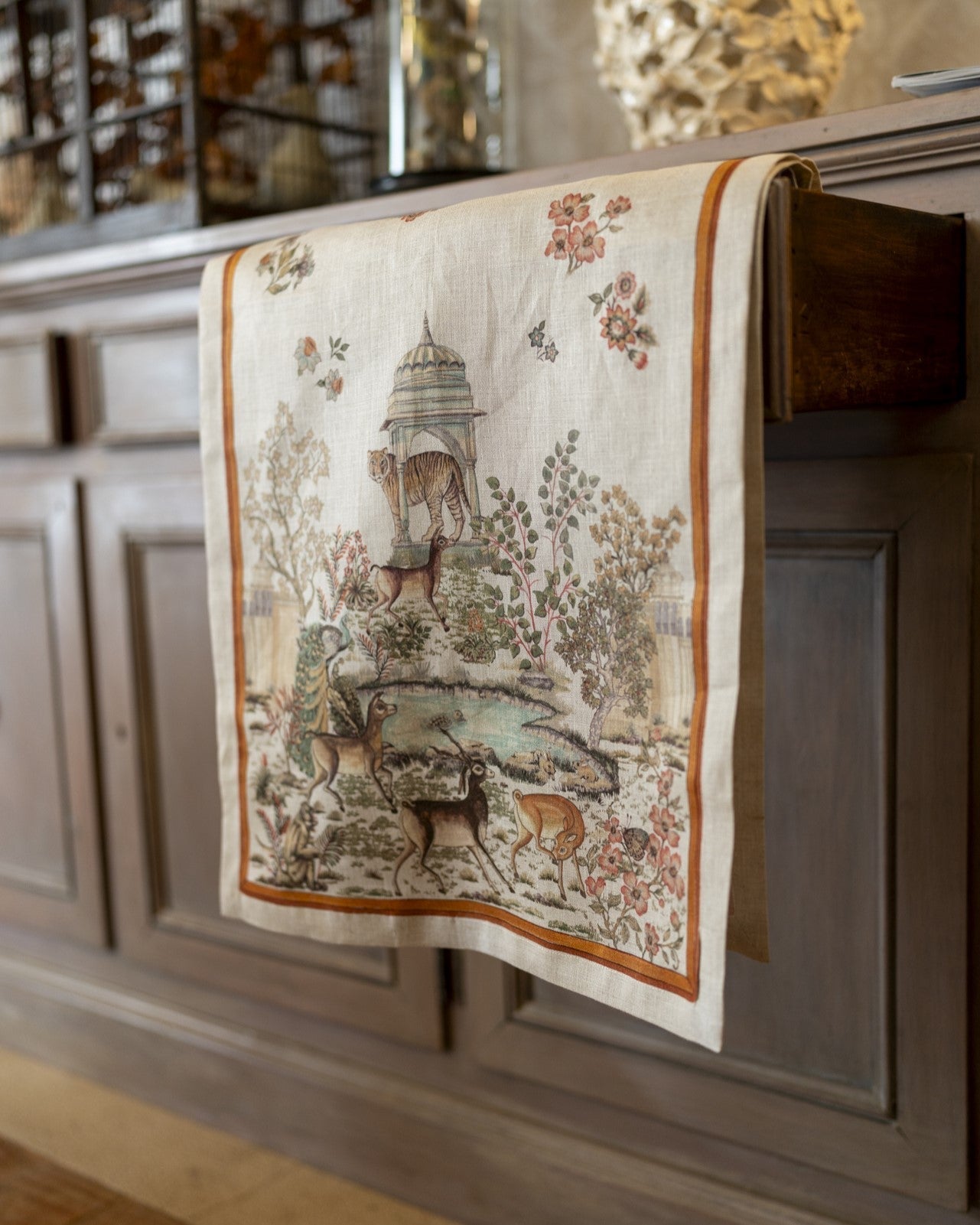 Close-up of Mudra linen table runner