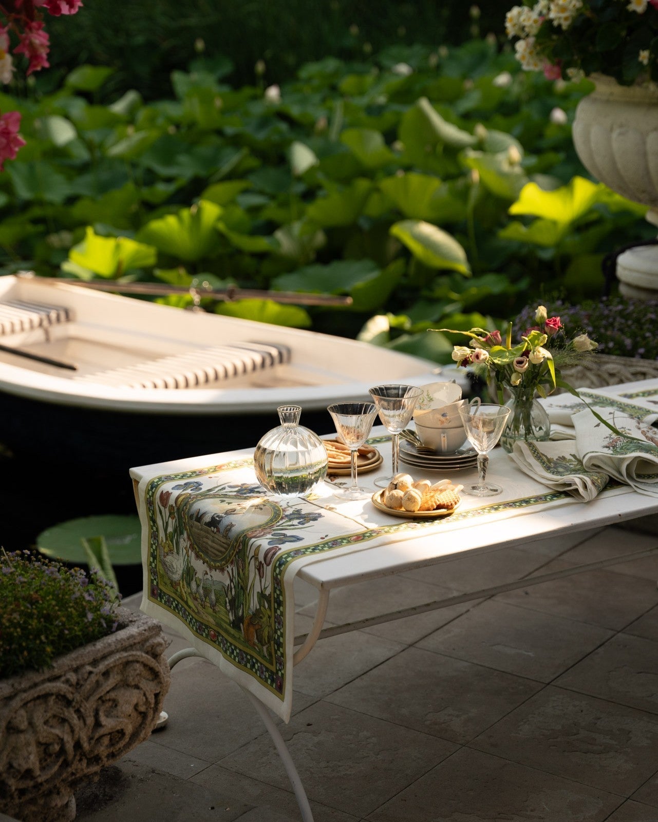 Bunny Garden linen runner styled on an outdoor table