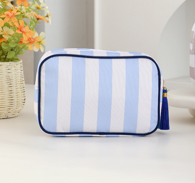 Striped Cosmetic Bag Tassel Zip Makeup Bag: Gpink / M