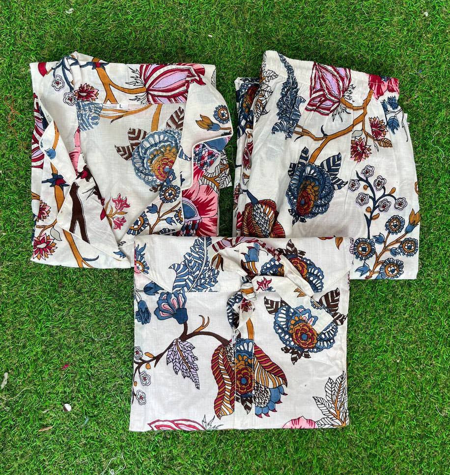 White Hand Block Print Women Dress Nightwear Suit Cotton Set: M