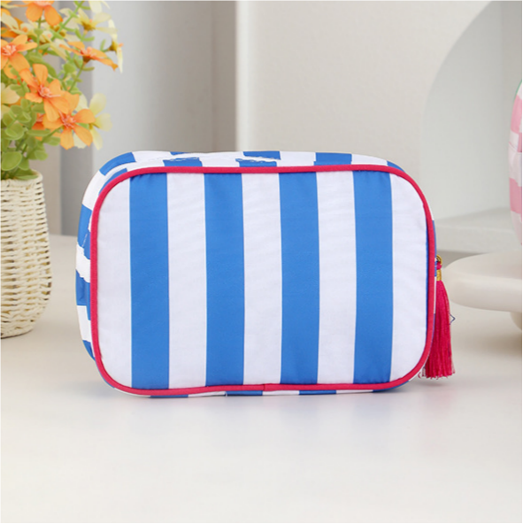 Striped Cosmetic Bag Tassel Zip Makeup Bag: Orange / M