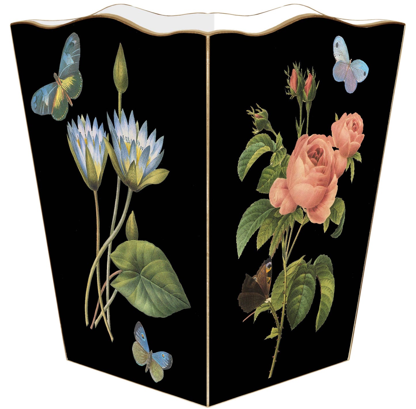 WB7BK- Pink Roses on Black Wastepaper Basket: Scalloped Top - Sotre Collection