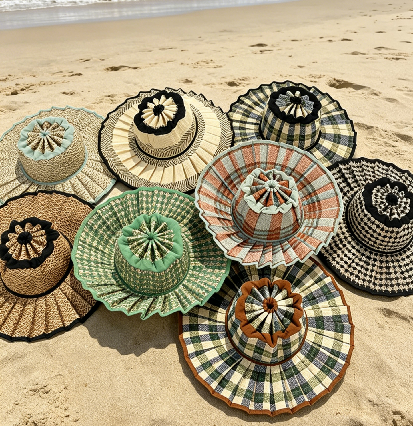 Ruffle Check Straw Hat Plaid Straw Sun Hat: TGrass / M