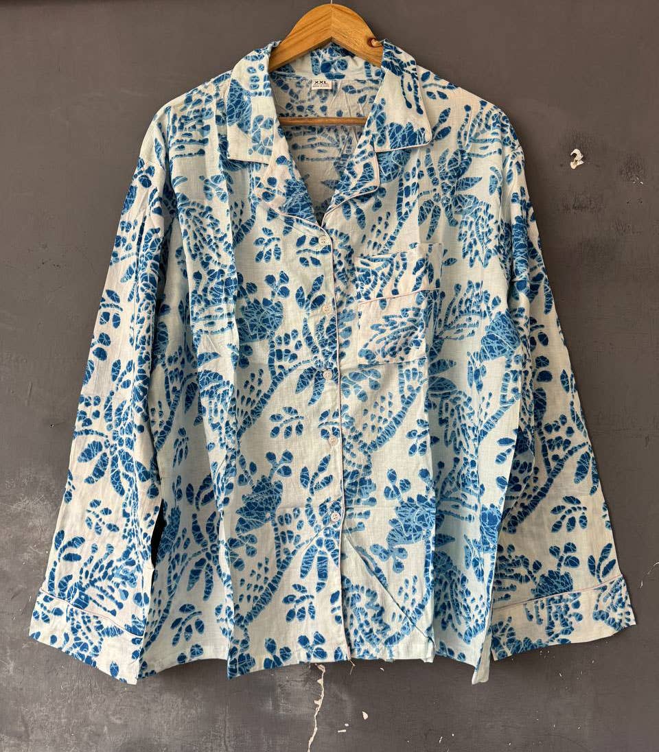 White Cotton Handmade Block Printed Pajama Set Long PJ Sets: M