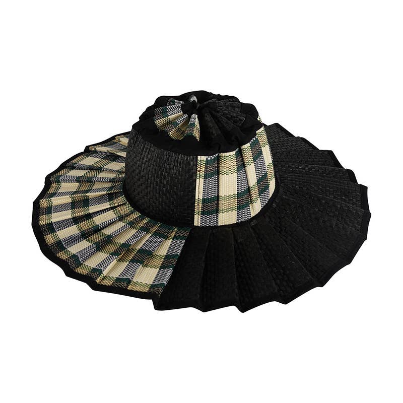 Ruffle Check Straw Hat Plaid Straw Sun Hat: Green / M