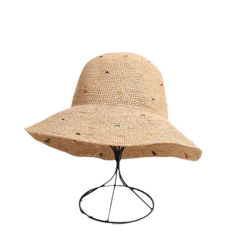 Simple Colorful Dots Raffia Straw Bucket Hat DP25E412: Khaki