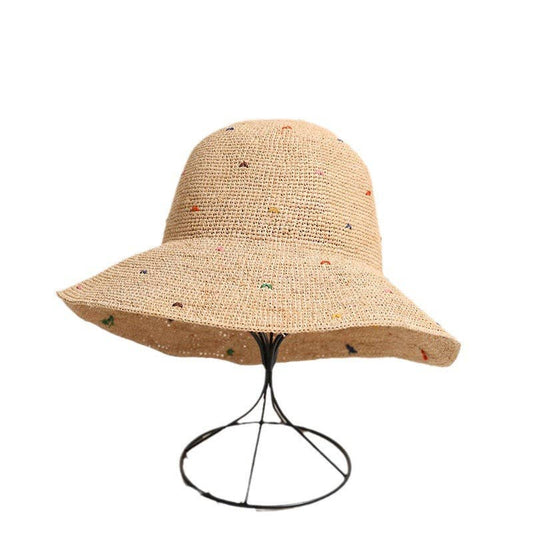 Simple Colorful Dots Raffia Straw Bucket Hat DP25E412: Khaki