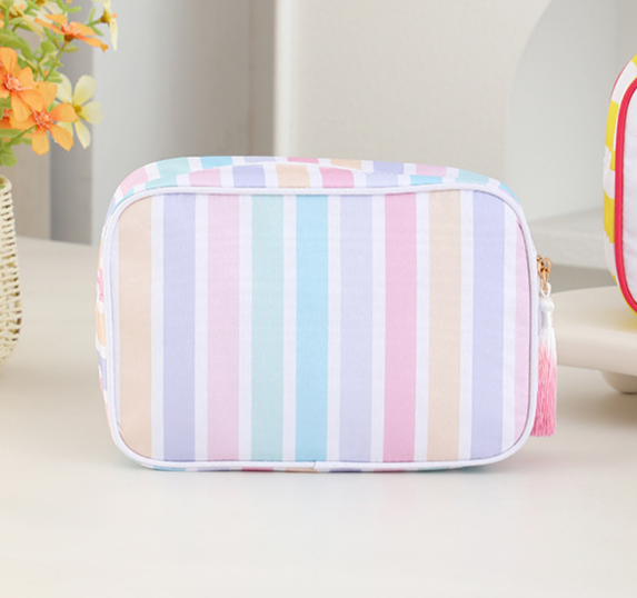 Striped Cosmetic Bag Tassel Zip Makeup Bag: Gpink / M