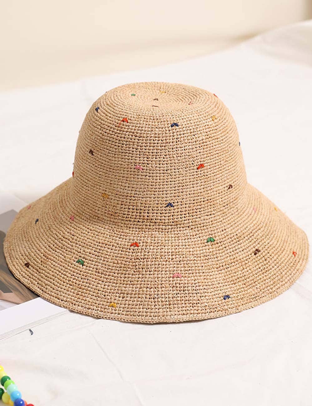 Simple Colorful Dots Raffia Straw Bucket Hat DP25E412: Khaki