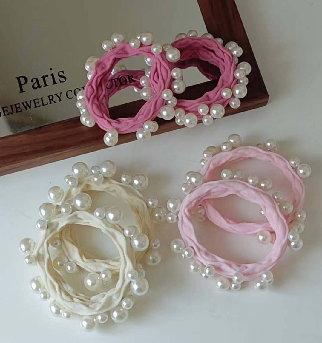 Pink Textured Seamless Pearl Hair Ties (Set of 6)