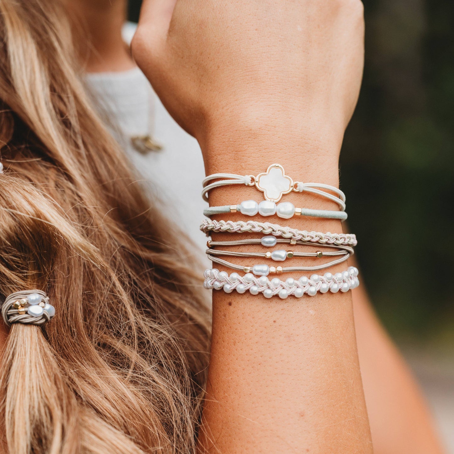 "Glimmer" Soft Pinks with Pearl and Gold Accent Hair Tie Bracelets: Medium