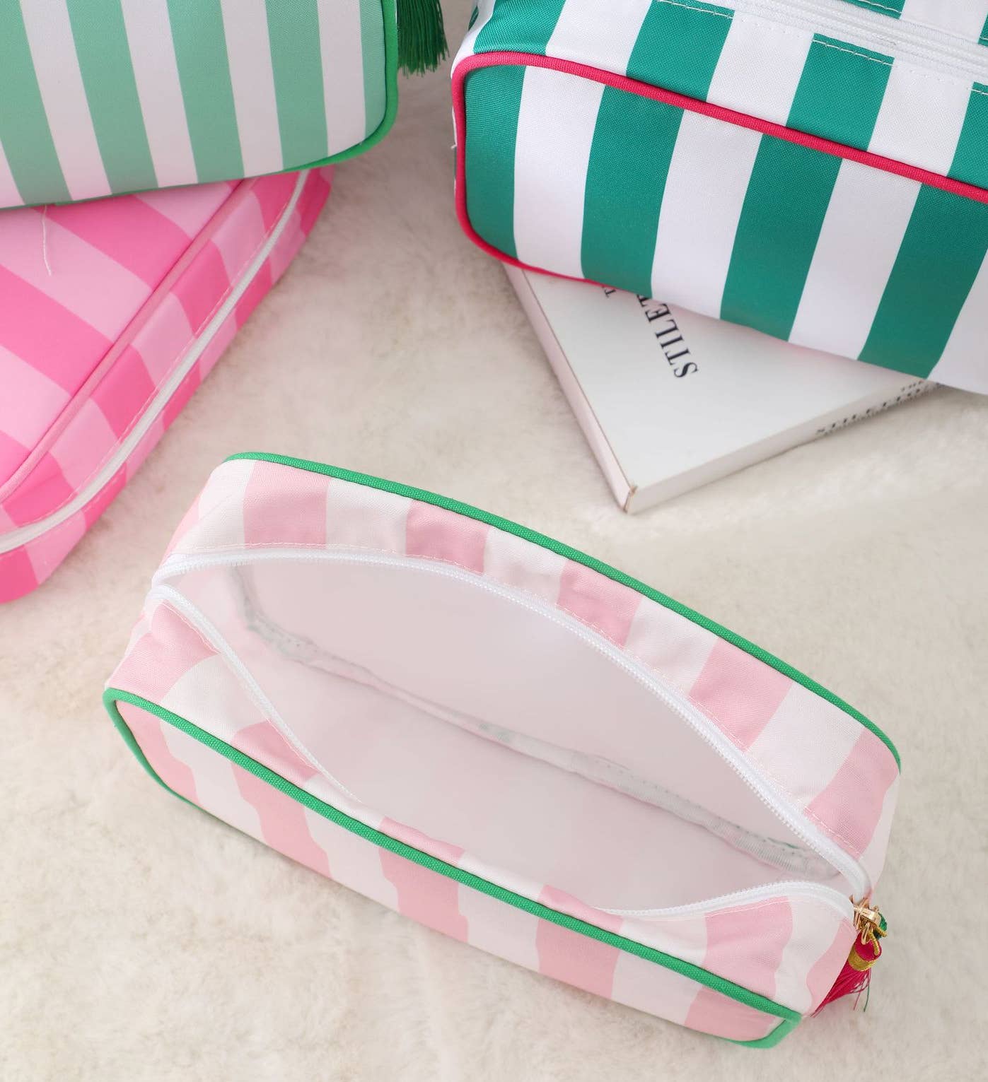 Striped Cosmetic Bag Tassel Zip Makeup Bag: Gpink / M