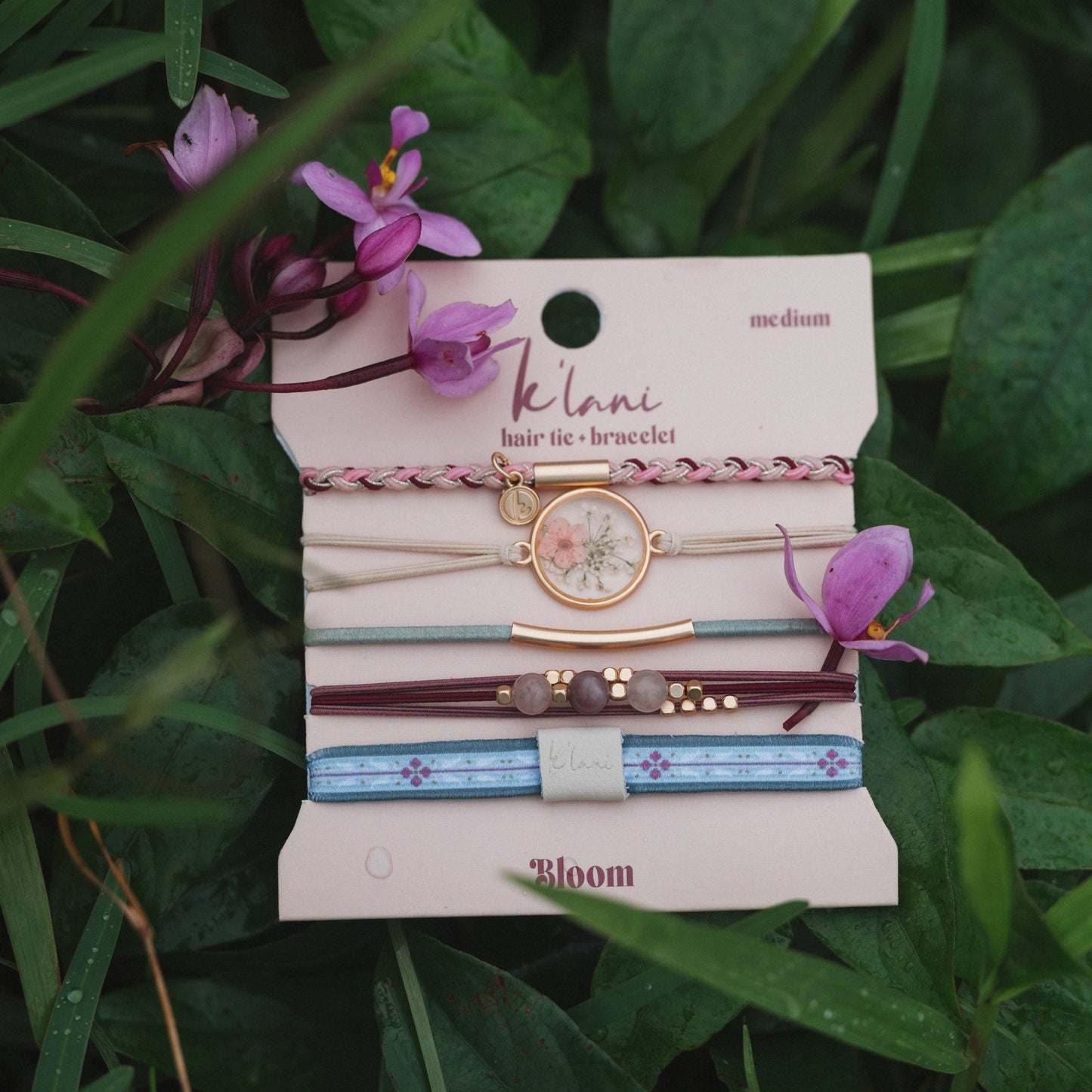 "Bloom" Maroon and Pink with Pressed Flowers Hair Tie Bracelets: Medium
