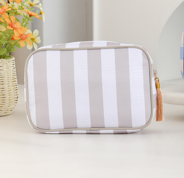 Striped Cosmetic Bag Tassel Zip Makeup Bag: Orange / M