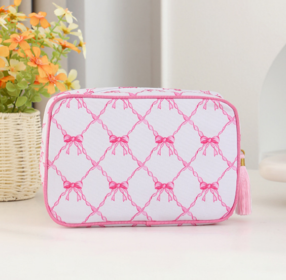 Striped Cosmetic Bag Tassel Zip Makeup Bag: Gpink / M