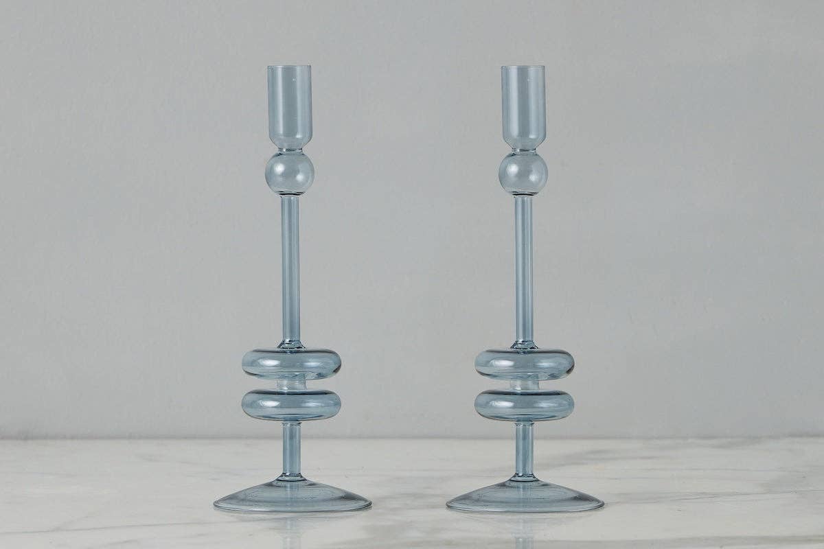 Glass Candlestick Pair, Medium, Denim