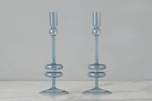 Glass Candlestick Pair, Medium, Denim