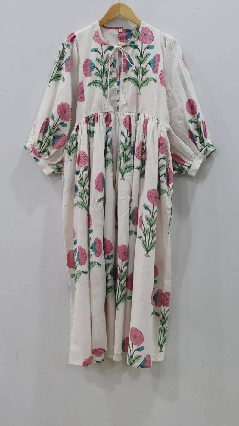 Floral Print Long Dress Deep Neck with String Closer: Mini 87 cm / S