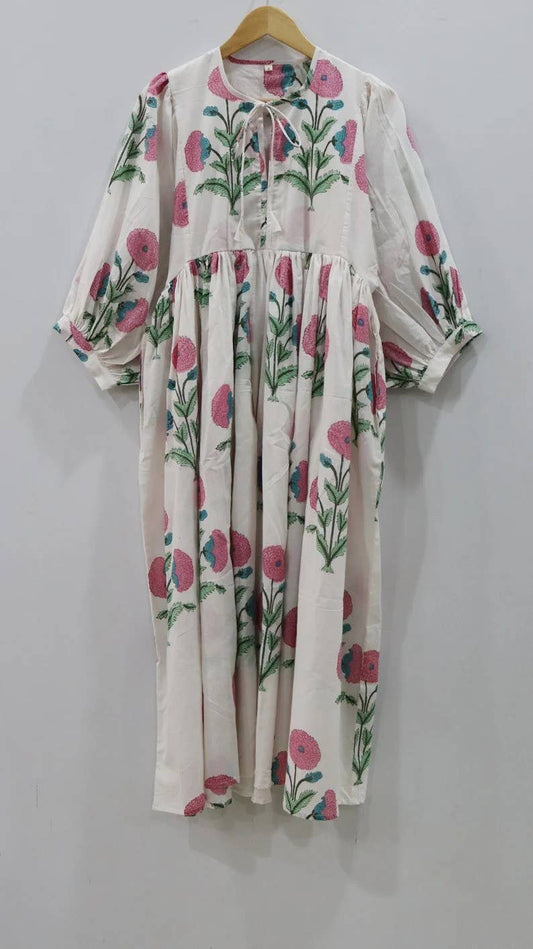 Floral Print Long Dress Deep Neck with String Closer: Mini 87 cm / S
