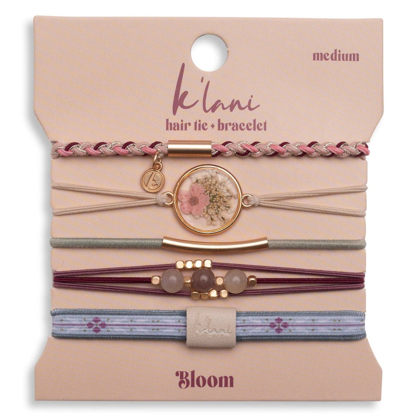 "Bloom" Maroon and Pink with Pressed Flowers Hair Tie Bracelets: Medium
