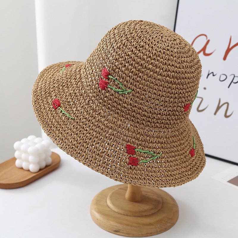 Cute Cherry Crochet Foldable Staw Buckt Hat 8BK6HAT28: Khaki