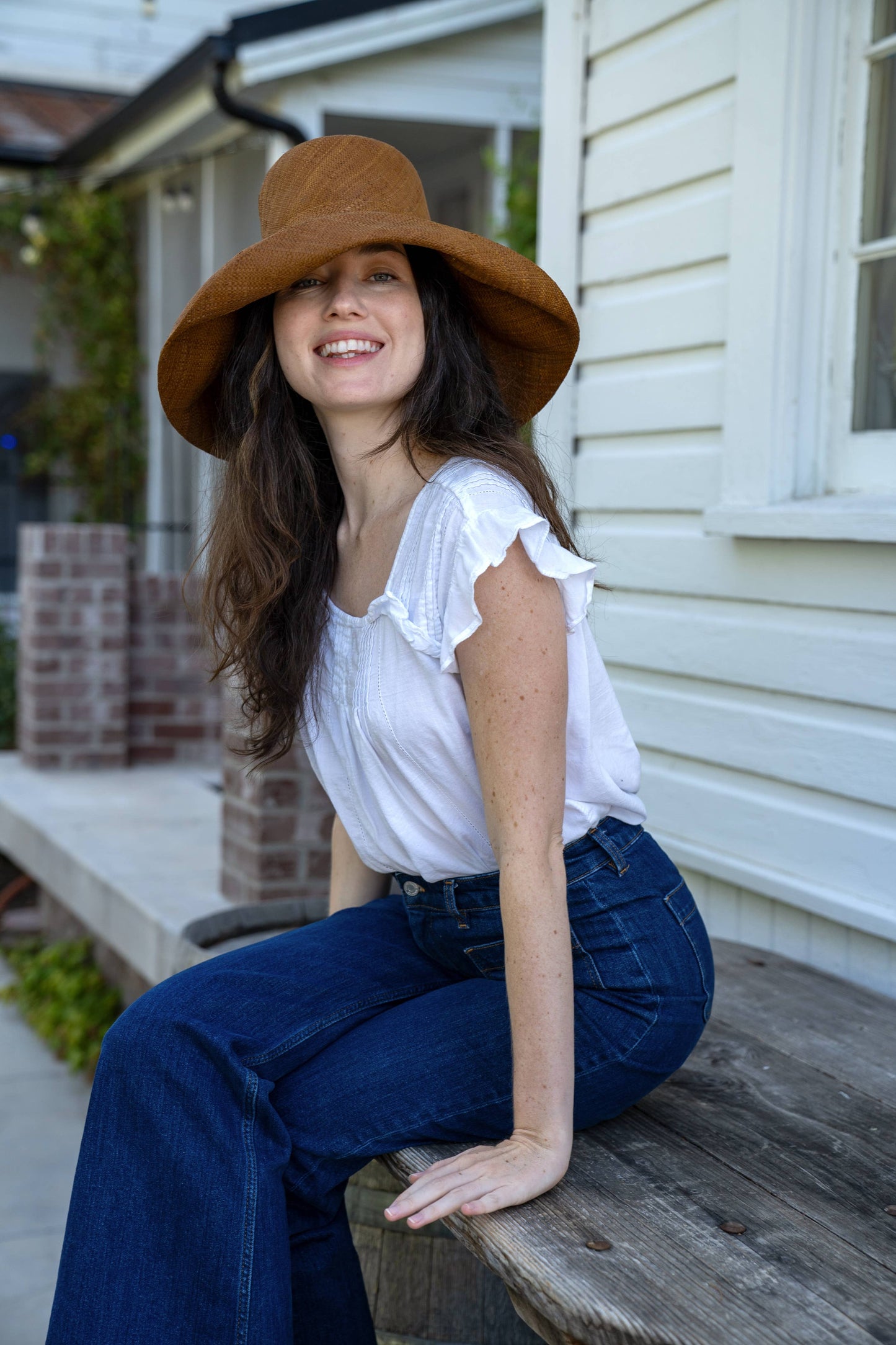 Monica 5" & 7" Wide Brim Solid Color Packable Straw Sun Hats: Denim / 5 Inch