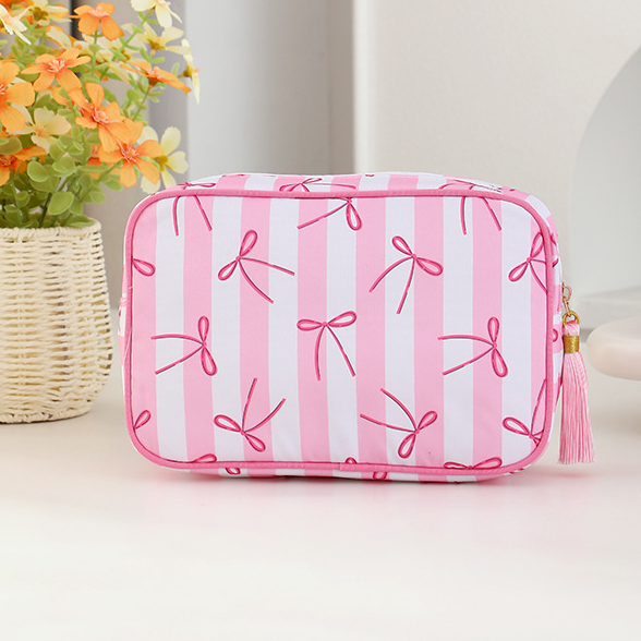 Striped Cosmetic Bag Tassel Zip Makeup Bag: Gpink / M