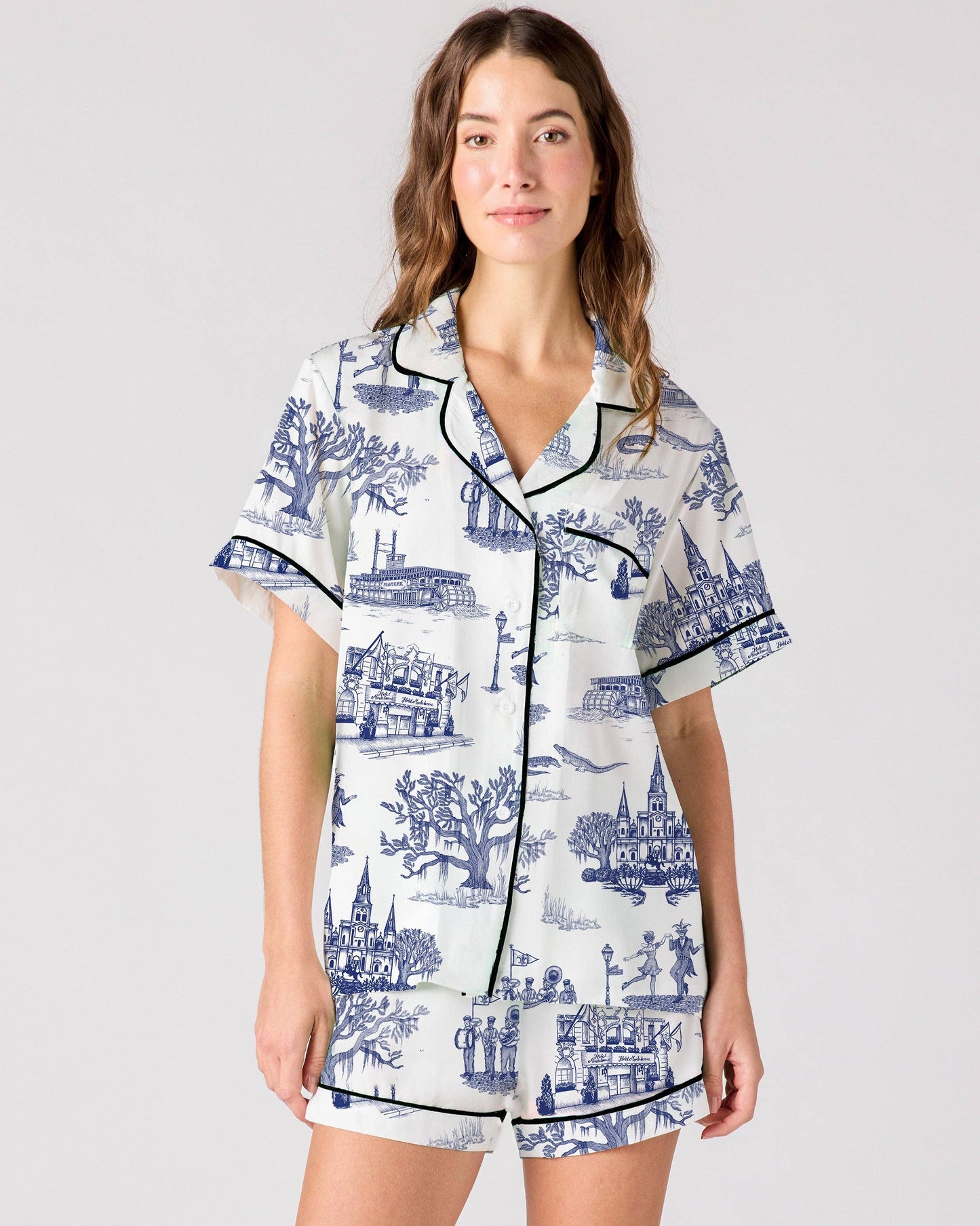 New Orleans Toile Pajama Shorts Set: Navy
