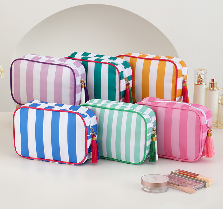 Striped Cosmetic Bag Tassel Zip Makeup Bag: Gpink / M