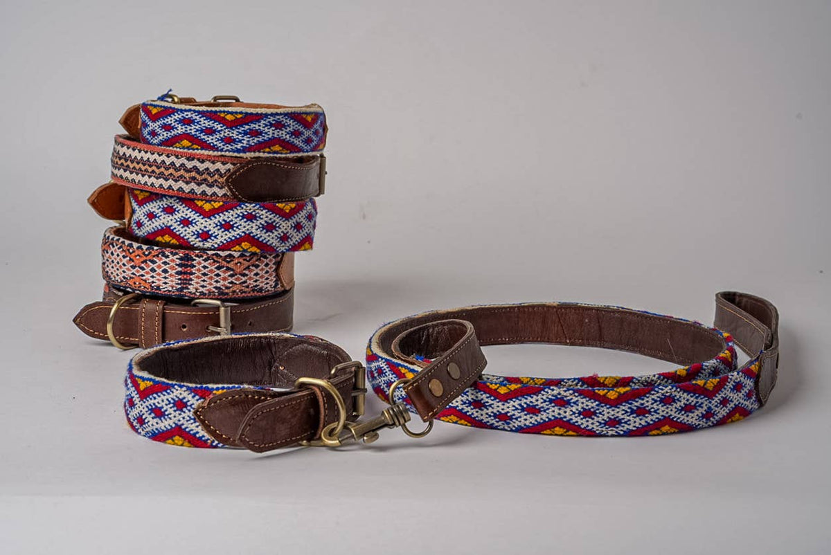 Vintage Kilim & Leather Dog Collar and Leash Set: Small